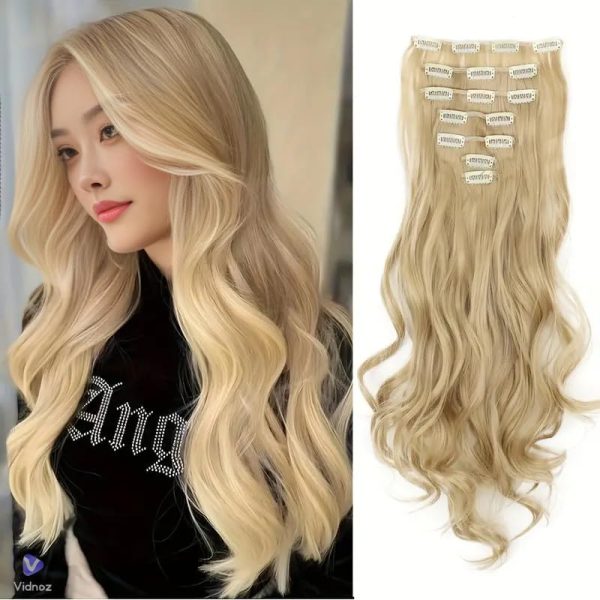 ModaLeo Hair Clip Extensions Highlight Long Wavy Hair Pieces Synthetic 12 Clip  20 inch 135g 20 inch 50 cm 7 pcs (Light Golden Blonde) - Image 3