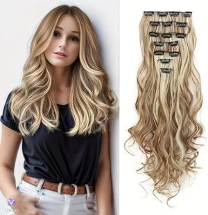 ModaLeo - Clip Hair Extension, Caramel Blonde Synthetic  20 inch 130g 7pcs (Chocolate Brown Golden White Black All Colour)
