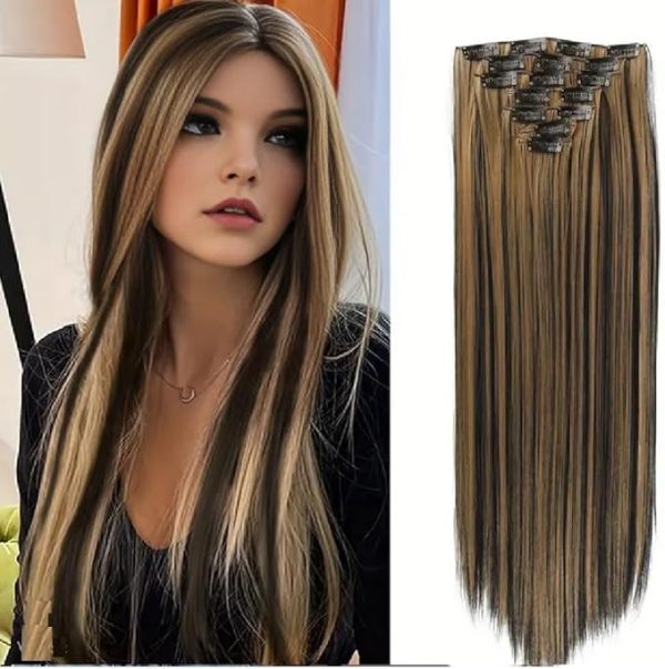 ModaLeo - Clip Hair Extension, Caramel Blonde Synthetic  17.7 inch 130g 7pcs (Chocolate Brown Golden White Black All Colour)