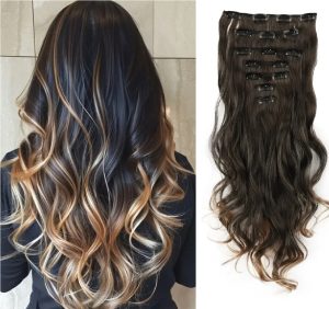 ModaLeo - Clip Hair Extension, Caramel Blonde Synthetic 17.7 inch 130g 7pcs (Black with Golden Lines)