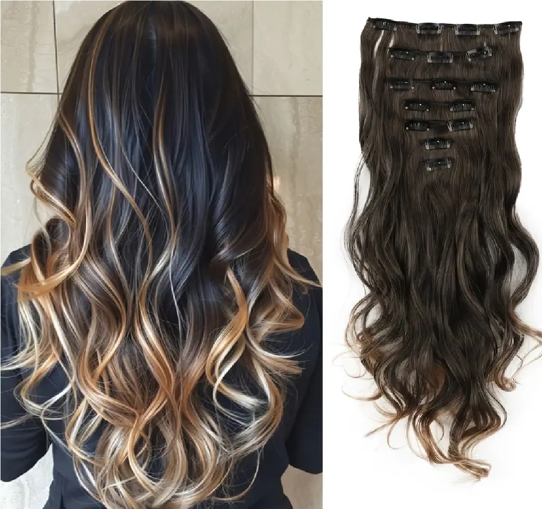 ModaLeo - Clip Hair Extension, Caramel Blonde Synthetic 17.7 inch 130g 7pcs (Black with Golden Lines)